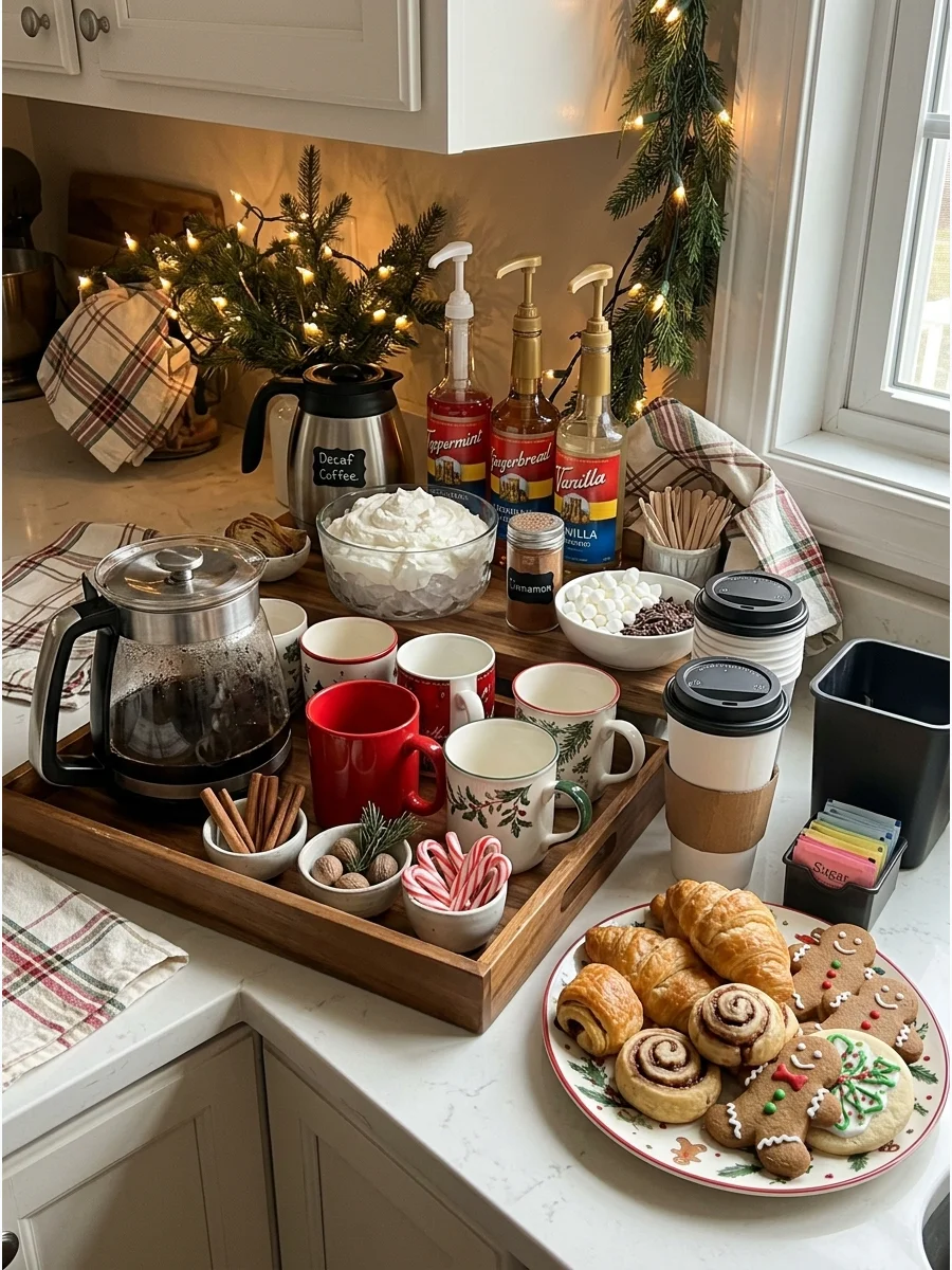 A coffee station on a kitchen counter with mugs and cinnamon sticks.