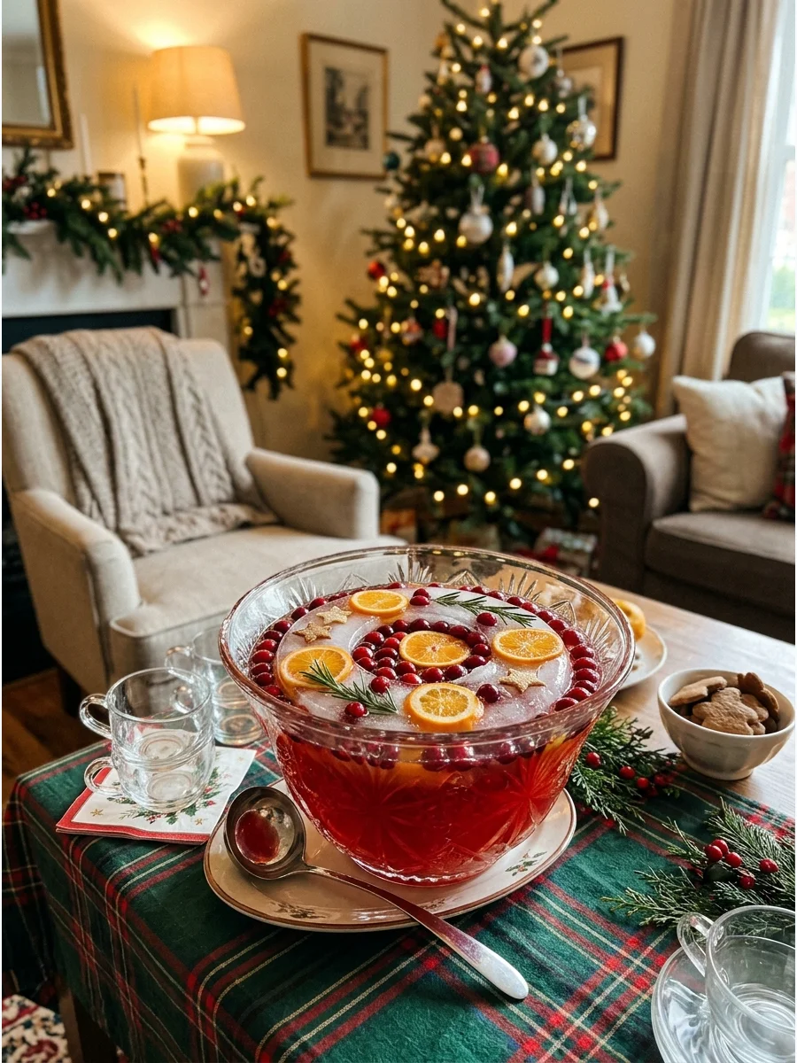 A large glass punch bowl with festive garnishes on a living room side table.