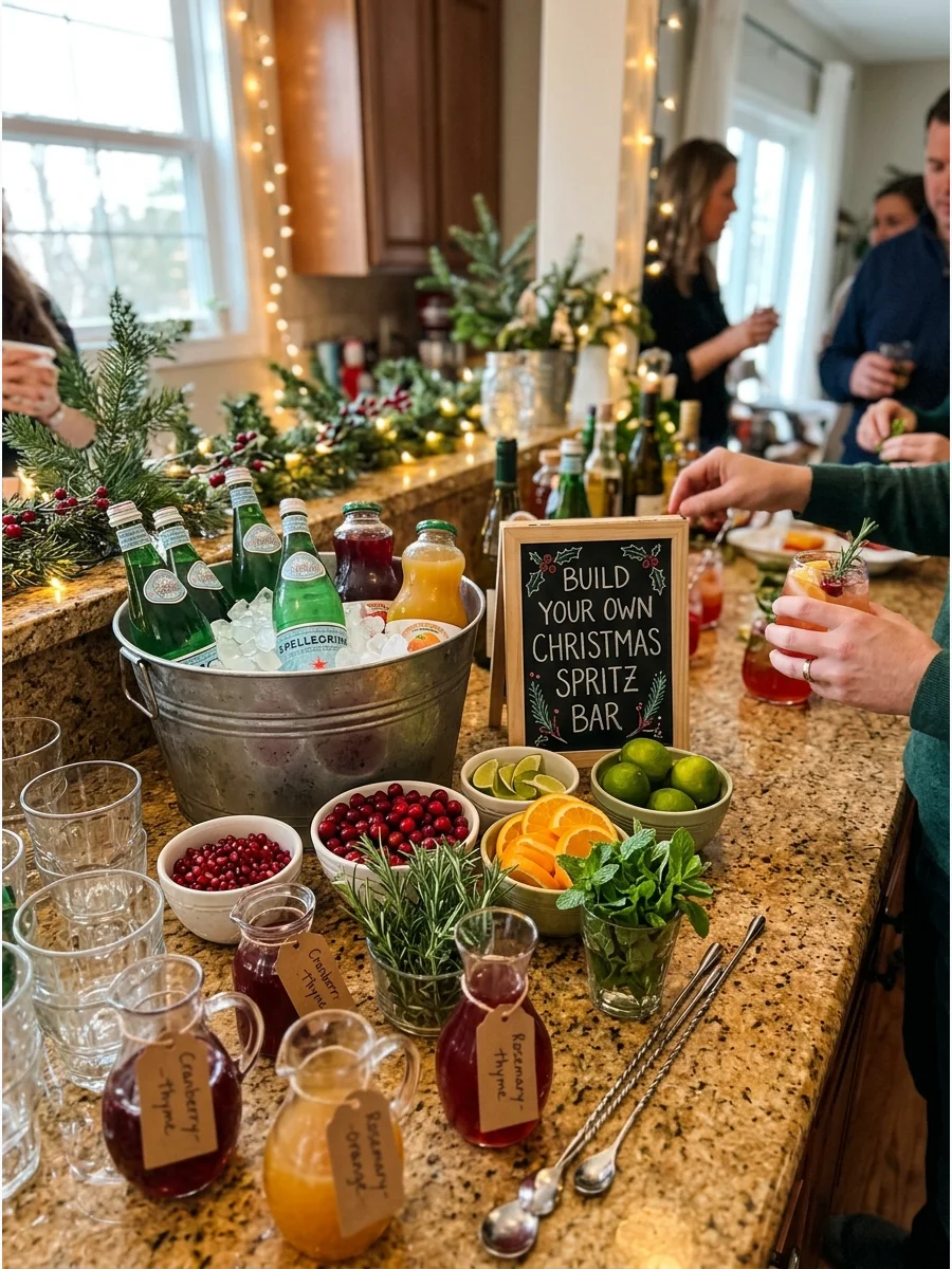 A spritz bar setup with bottles of juice and bowls of fresh fruit and herbs.