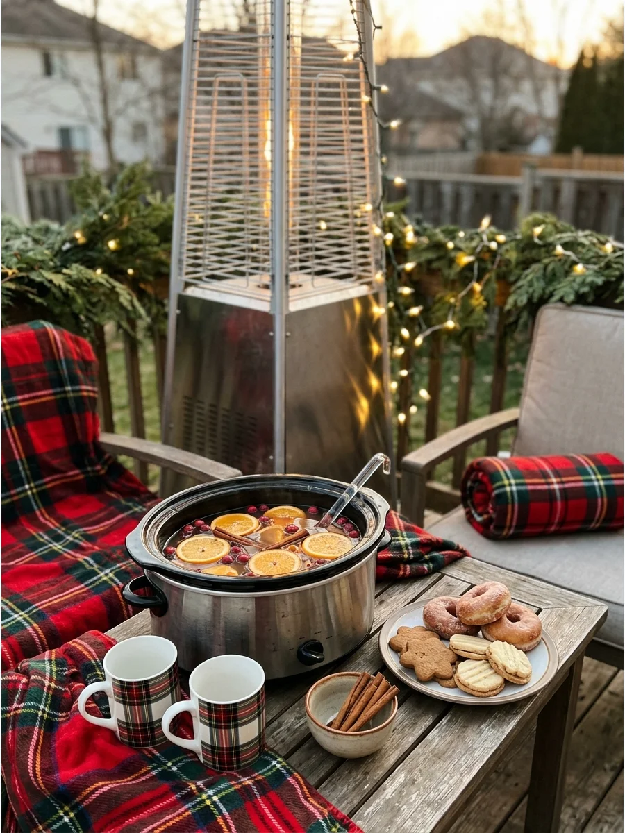 A steaming pot of mulled cider on a patio table with winter blankets nearby.