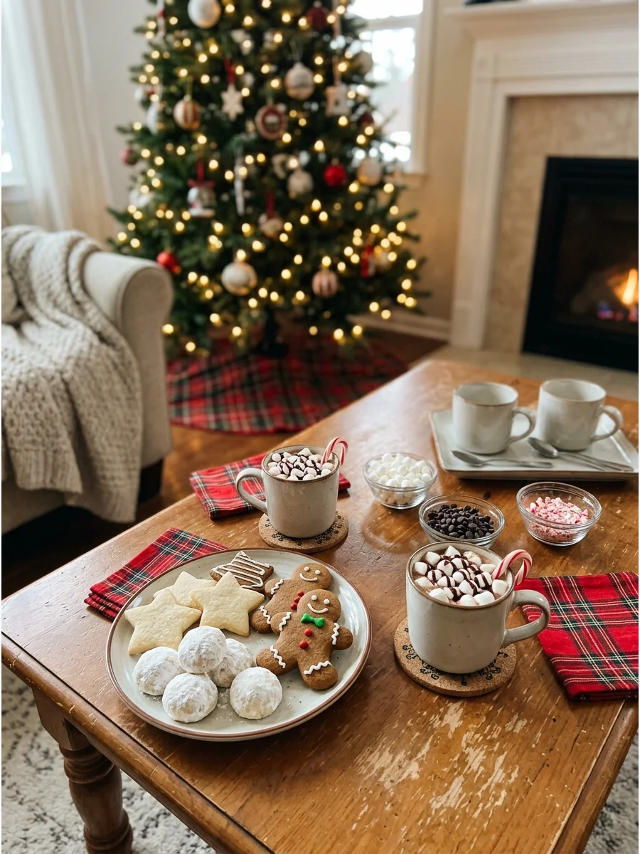 Gingerbread cookies and hot cocoa on a coffee table near a Christmas tree.