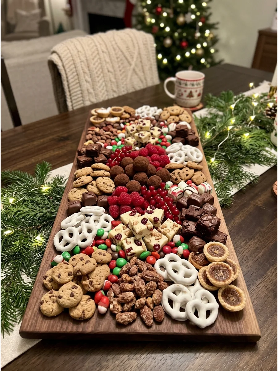 A large dessert grazing board filled with chocolates and berries on a dining table.