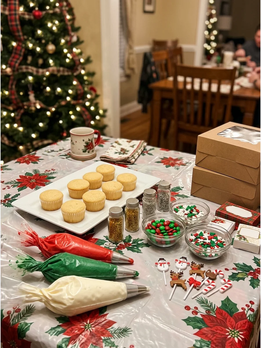 A cupcake decorating station with frosting and sprinkles on a dining table.