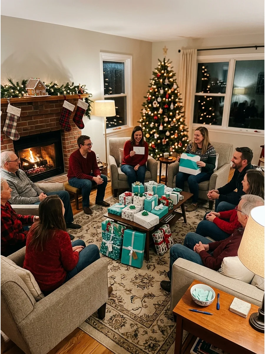 A group of people gathered in a living room for a White Elephant gift exchange.