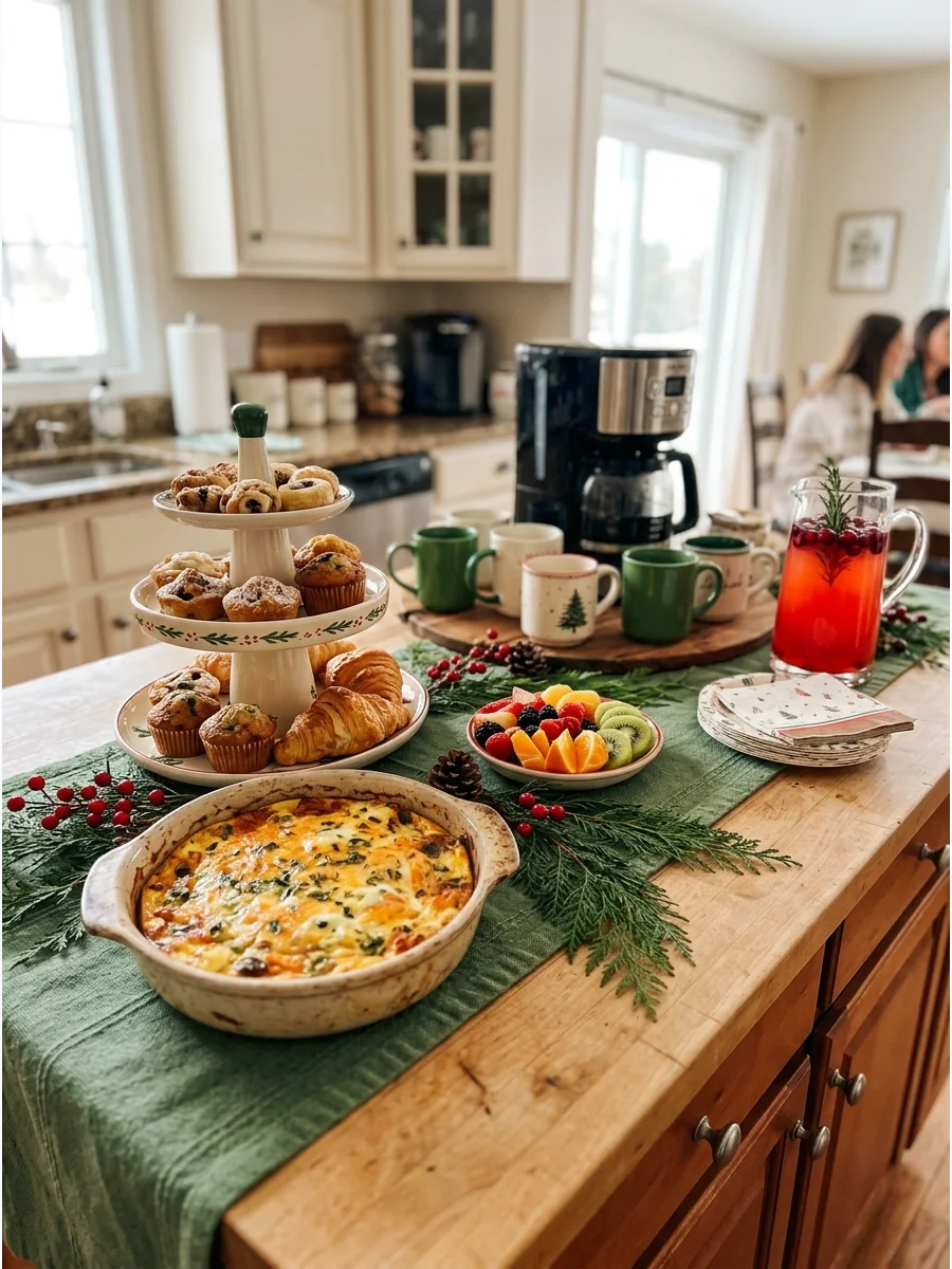 A kitchen island set with Christmas brunch food and a coffee pot.