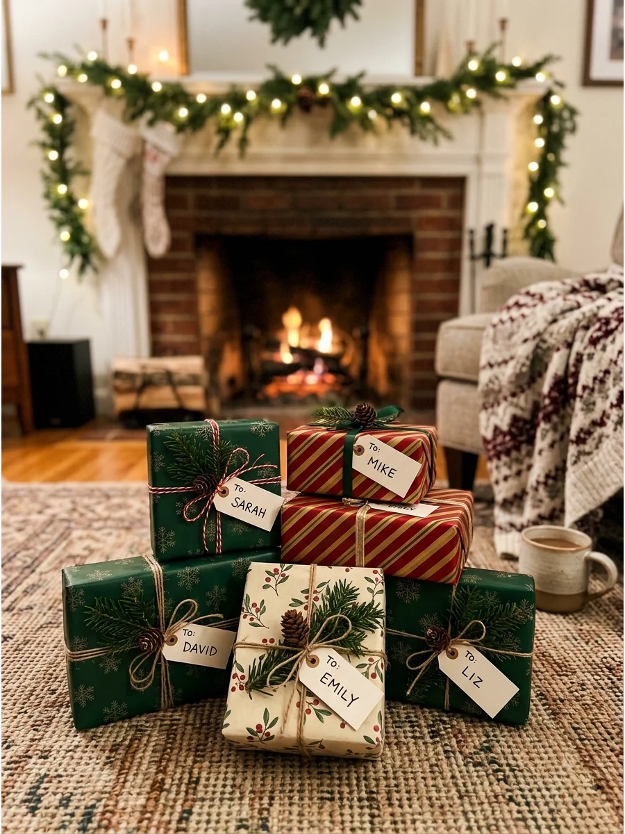 A small pile of wrapped Secret Santa gifts on a rug near a fireplace.