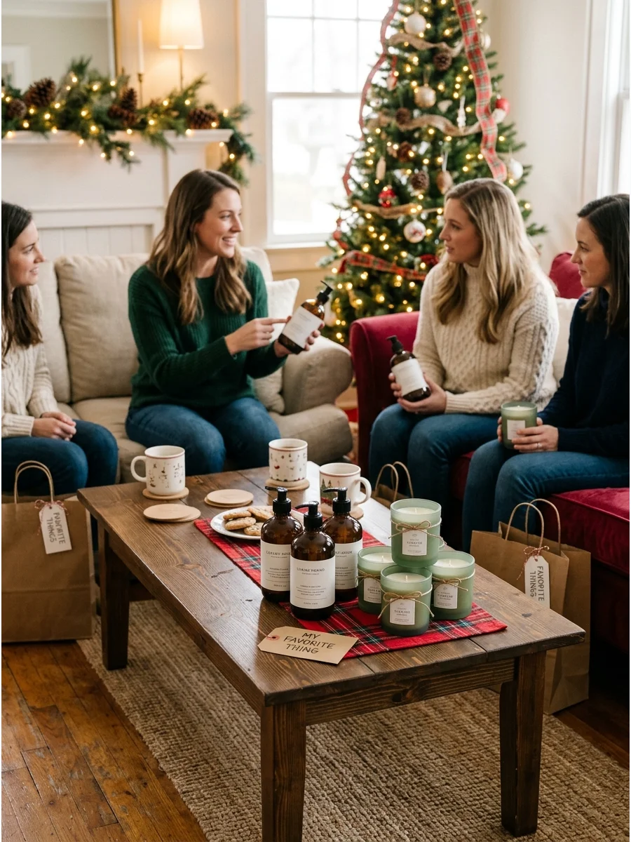 A collection of favorite items for a gift exchange on a coffee table.