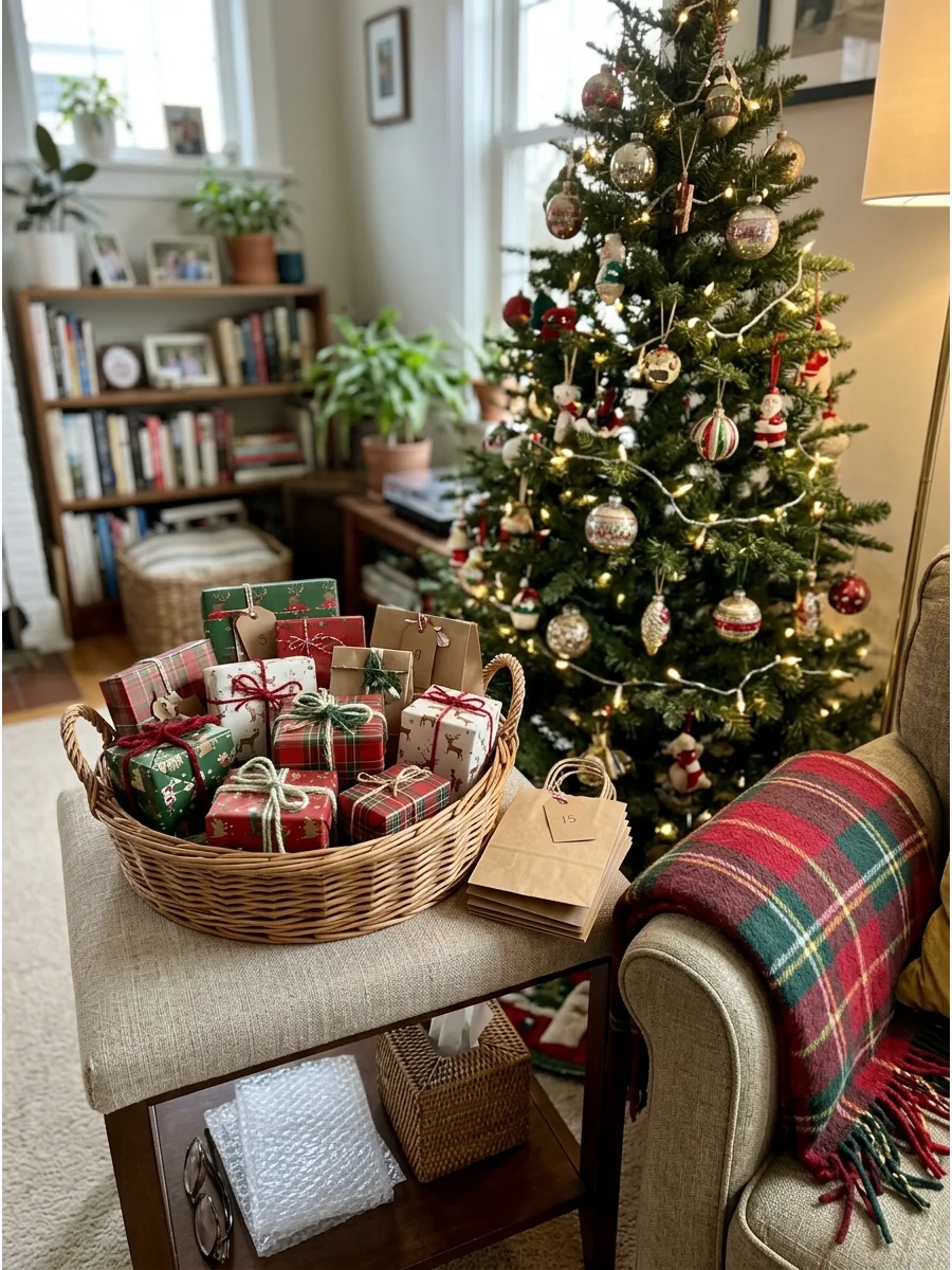 Wrapped ornament gifts in a basket by a Christmas tree.