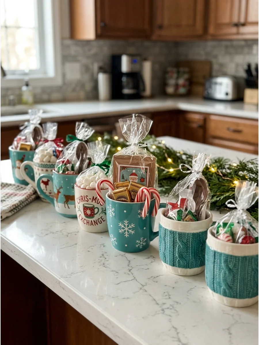 Festive mugs filled with holiday treats on a kitchen counter.