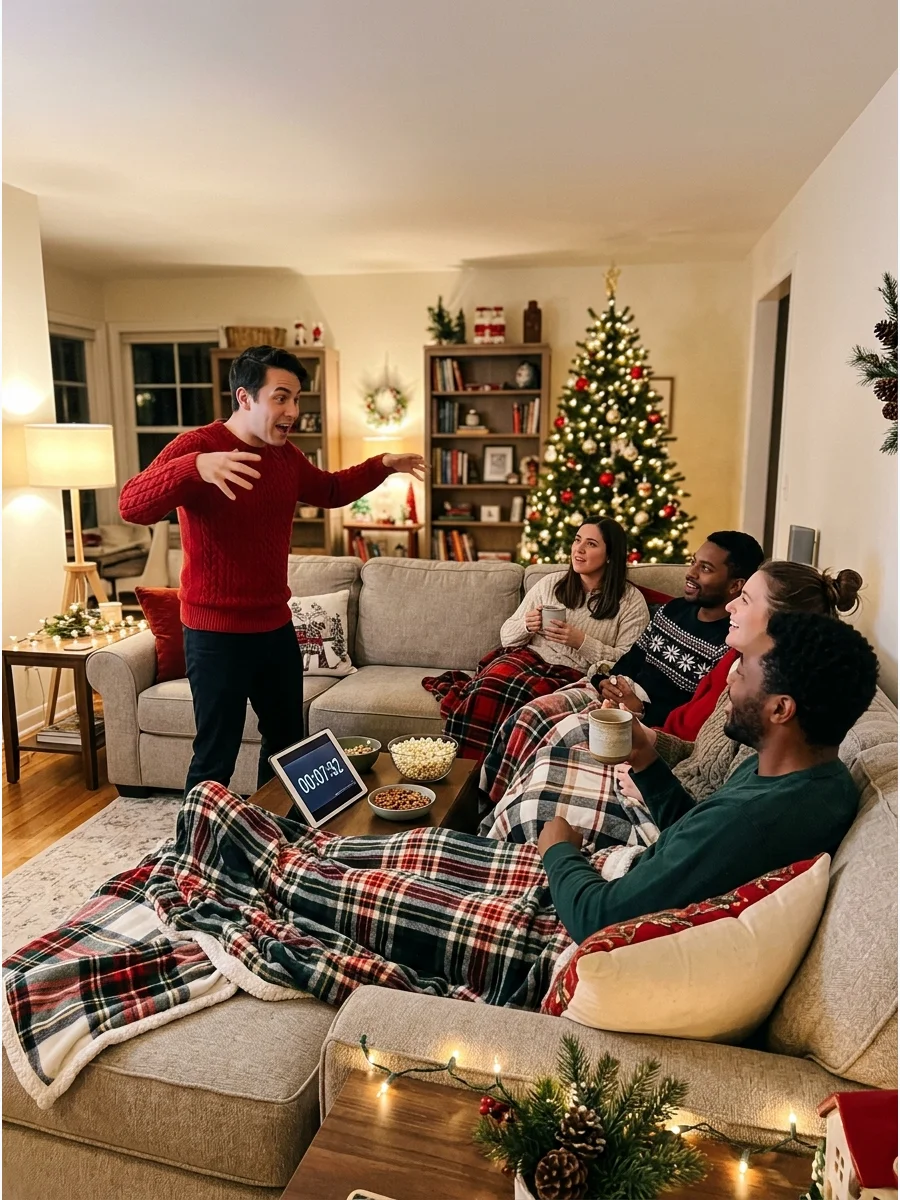 Friends playing a game of holiday charades in a cozy living room.