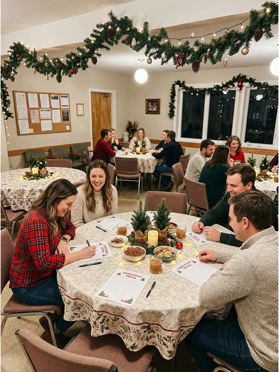 Guests participating in a Christmas trivia game at tables.