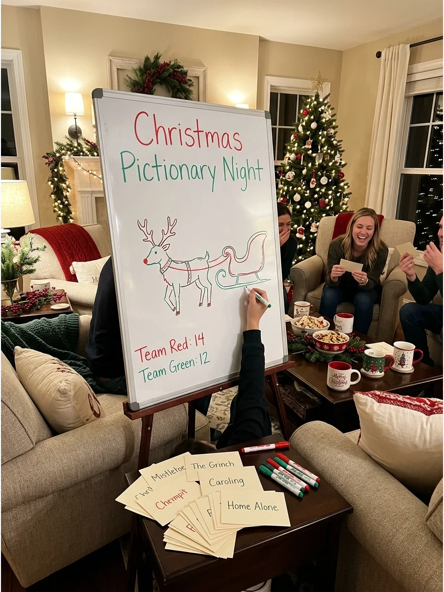 A white board with a holiday drawing for a Pictionary game.