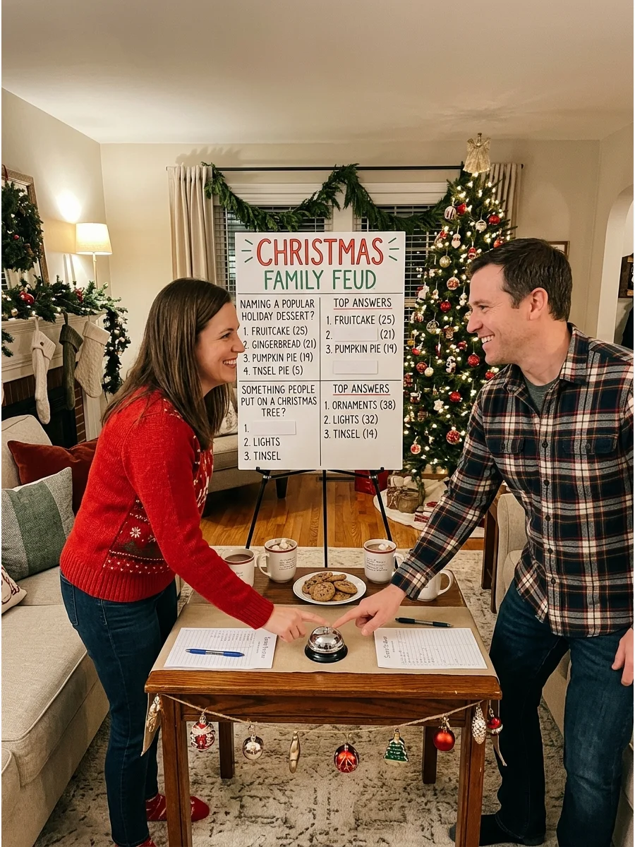 Two people ready to play a holiday survey game at a table.