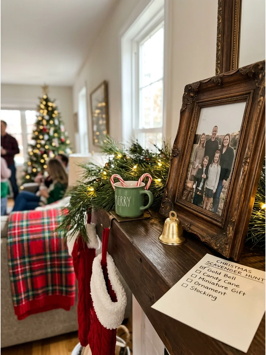 A hidden holiday bell for a scavenger hunt on a mantel.