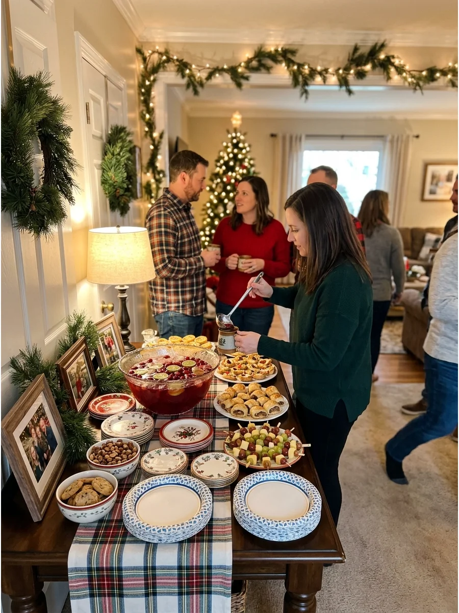 A home entryway featuring a snack table for an open house event.