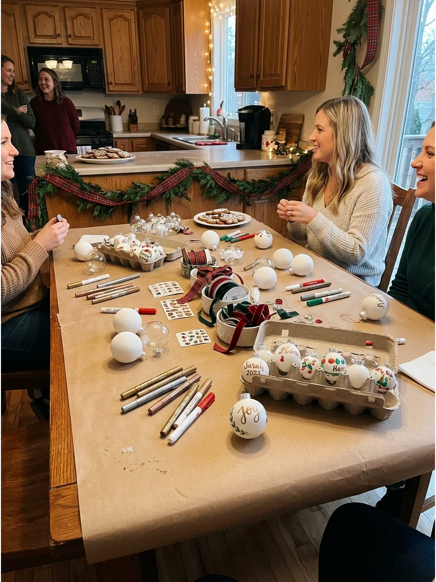 A dining table set up with craft supplies and plain ornaments for a holiday party.