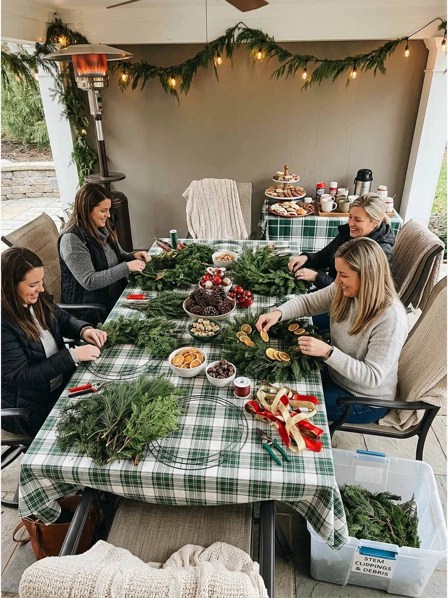 A outdoor patio table arranged with greenery and supplies for making Christmas wreaths.