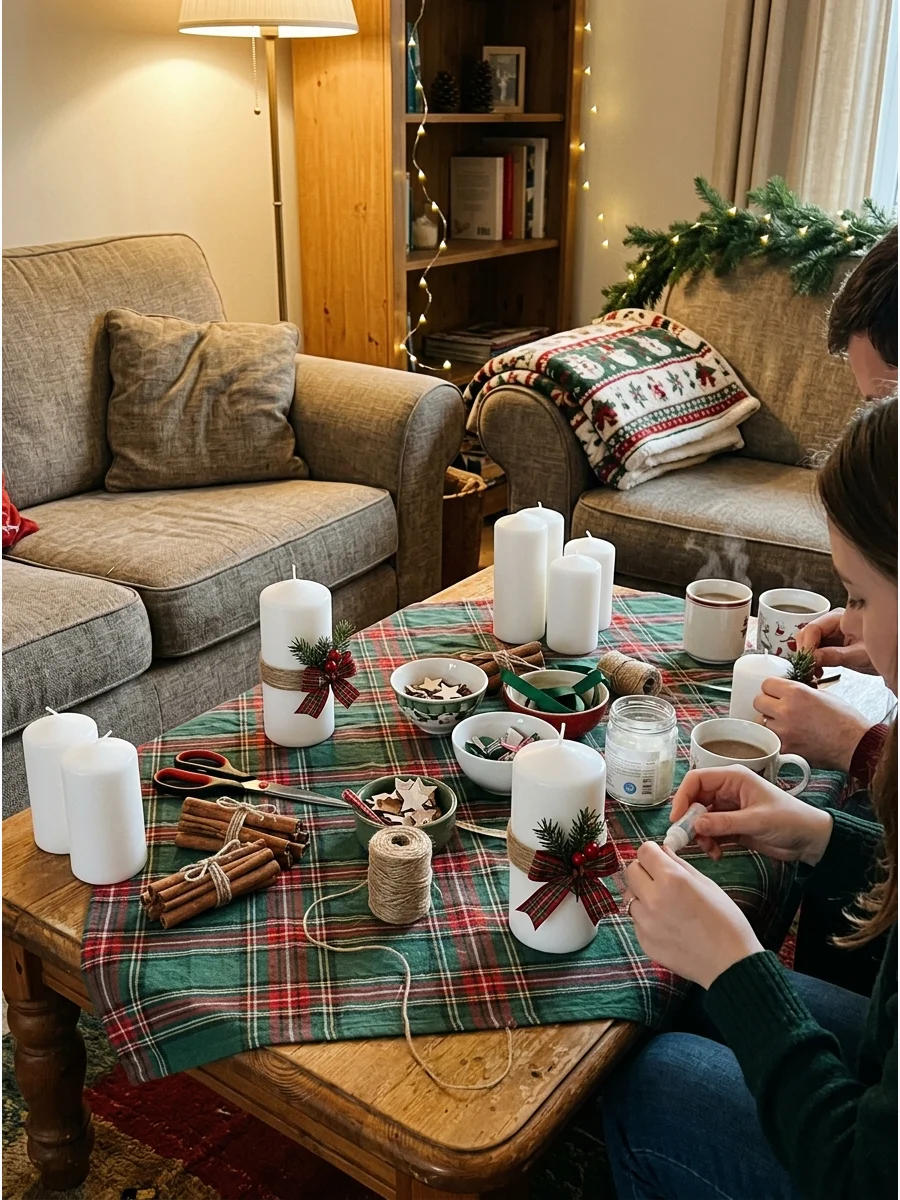 White candles and rustic decorating supplies sitting on a living room coffee table.