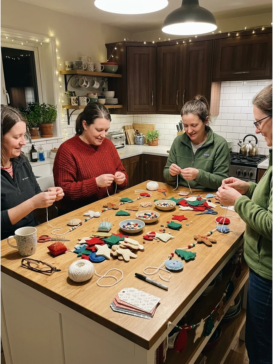 A kitchen island prepared with felt craft supplies for a holiday garland activity.