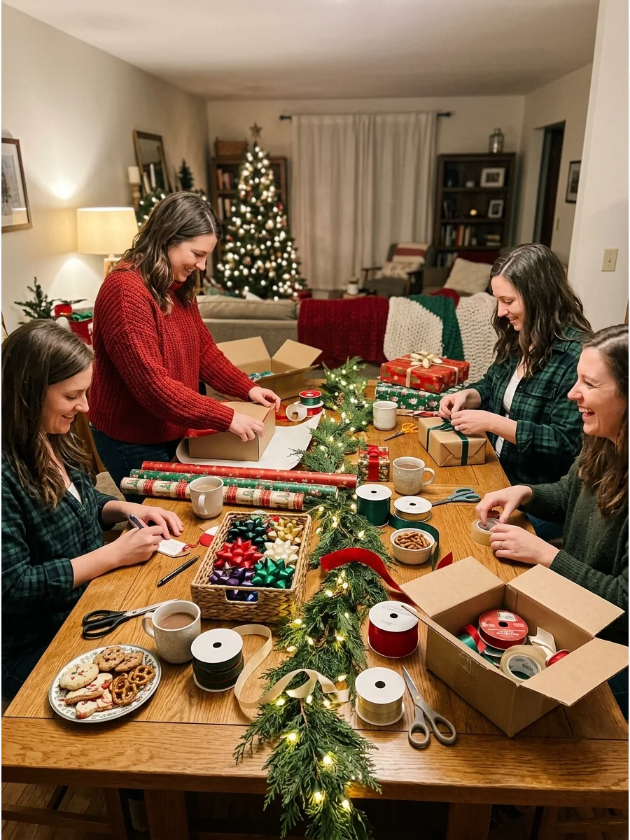 A dining table covered in festive wrapping paper and gift bows for a group wrapping session.