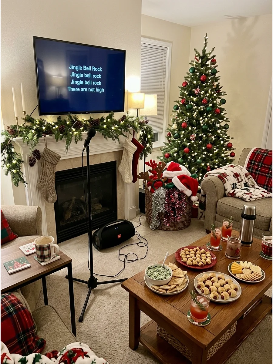 A cozy living room set up for a Christmas karaoke party with a microphone and lyrics on screen.