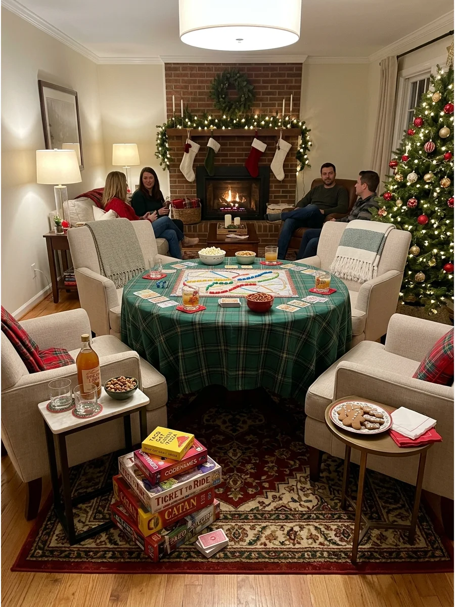 A stack of board games on a rug in a den with a fireplace in the background.