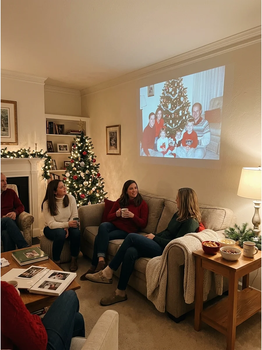 A projected holiday photo displayed on a living room wall during a gathering.