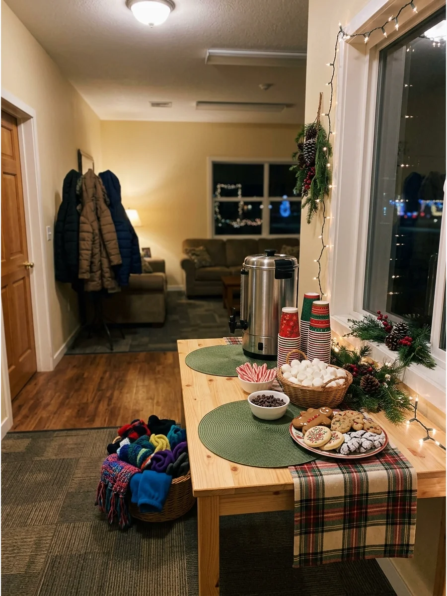 A table in a community room with hot cocoa supplies and a view of a snowy window.