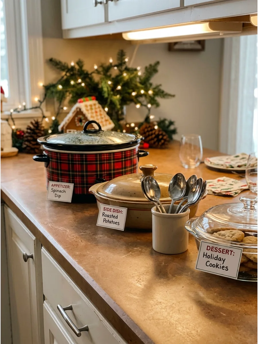 A kitchen counter with potluck dishes and handwritten food labels.