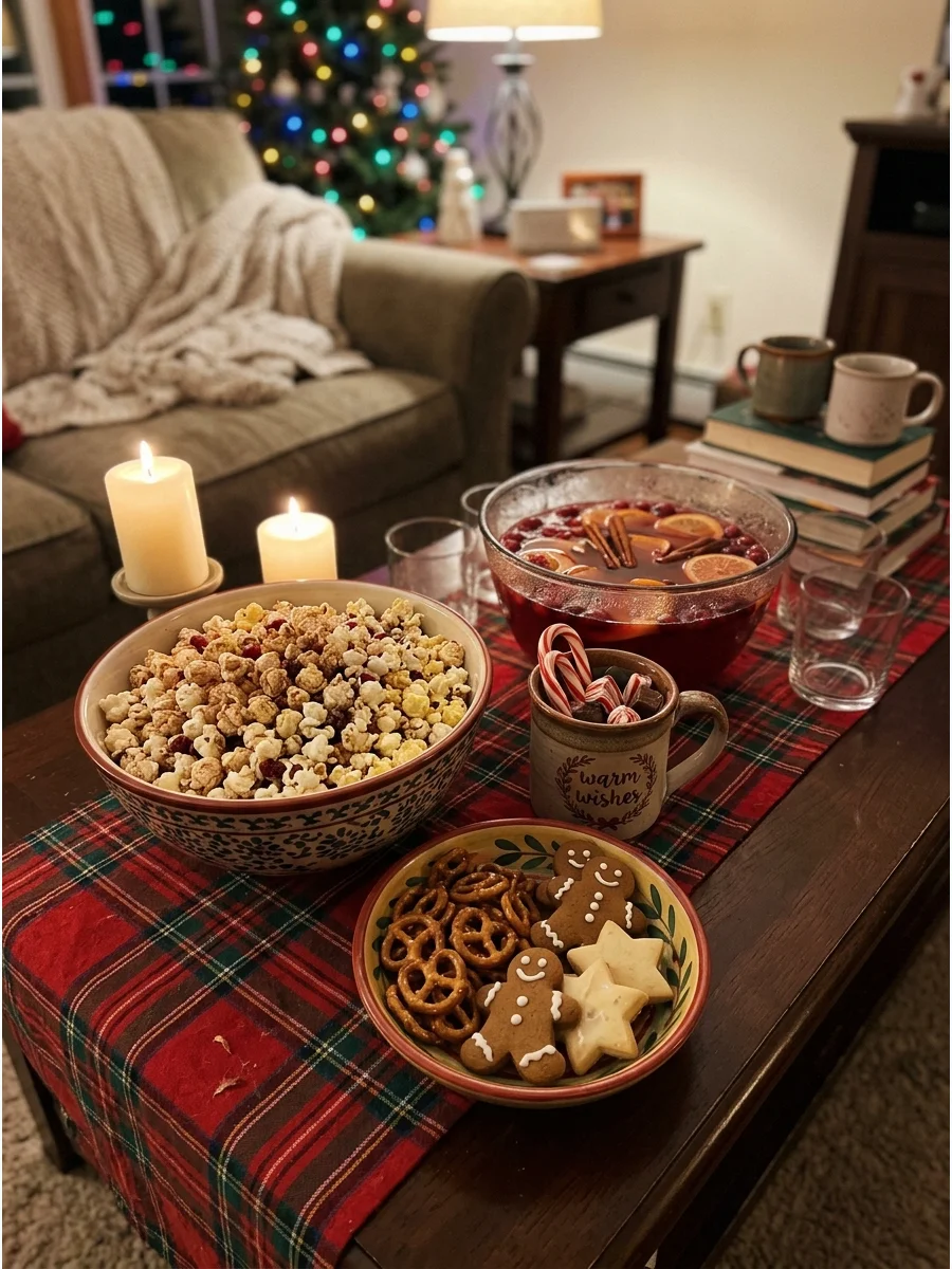 A dimly lit living room with snacks and comfortable seating for a casual party.