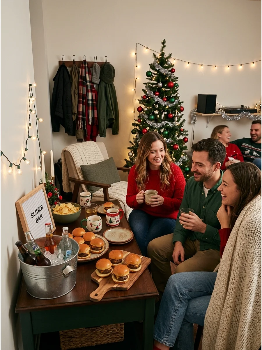 An apartment living room decorated for a casual friends gathering with a snack station.