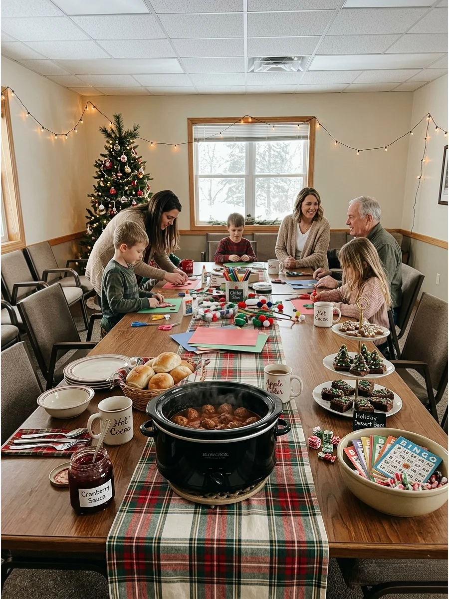 A community room set up for a family party with food and crafts.