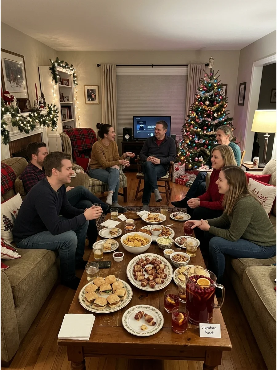 A cozy living room with warm lighting and a tray of holiday appetizers.