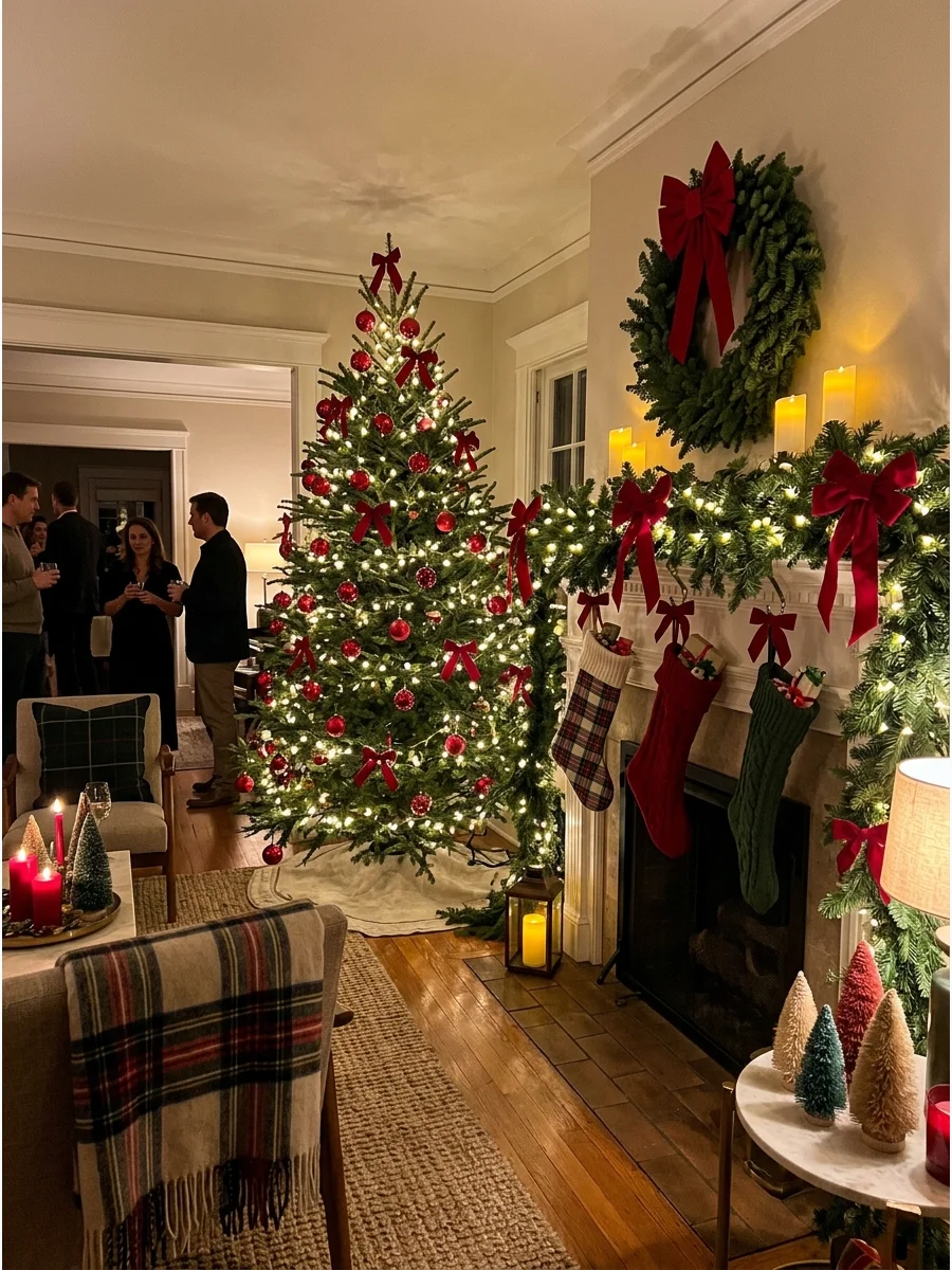 A traditional living room decorated with a red and green Christmas theme including a lit tree and garland.