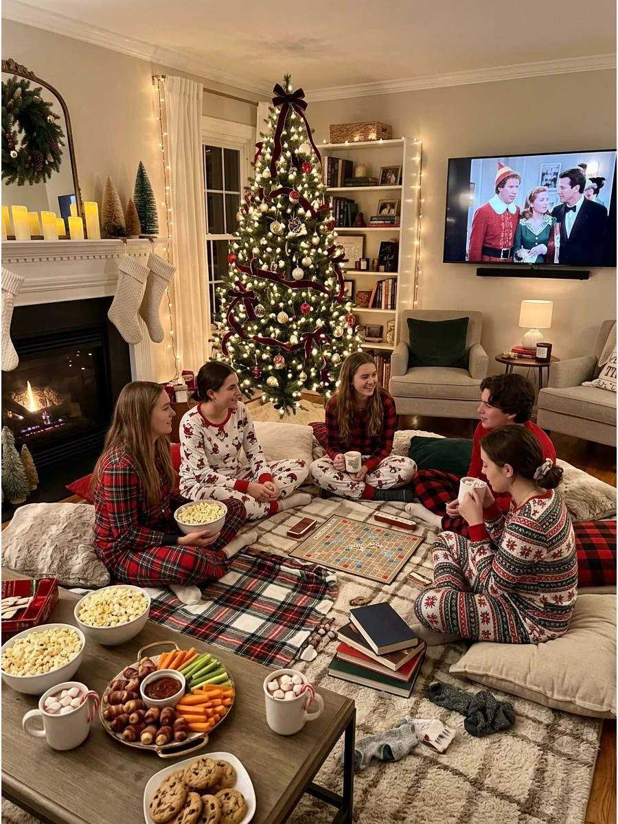 A relaxed living room setup with floor cushions and blankets for a pajama Christmas party.