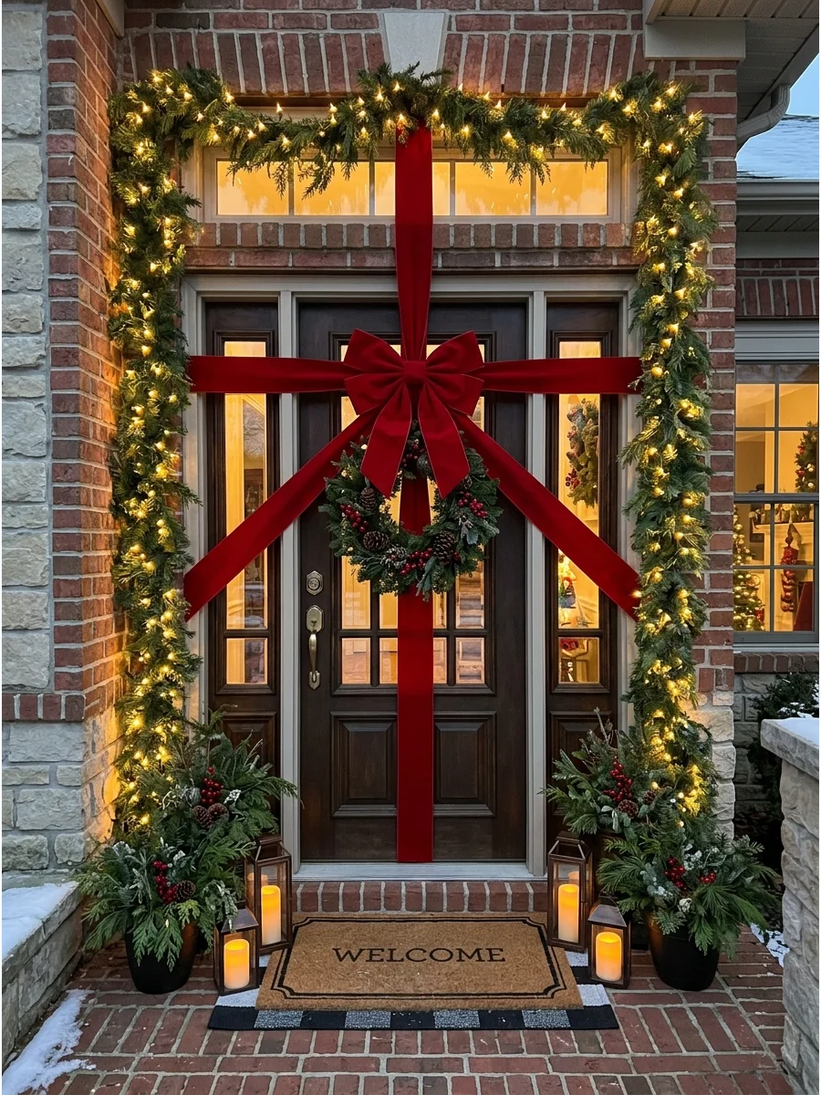 A front door decorated with a large red velvet bow and Christmas lights.
