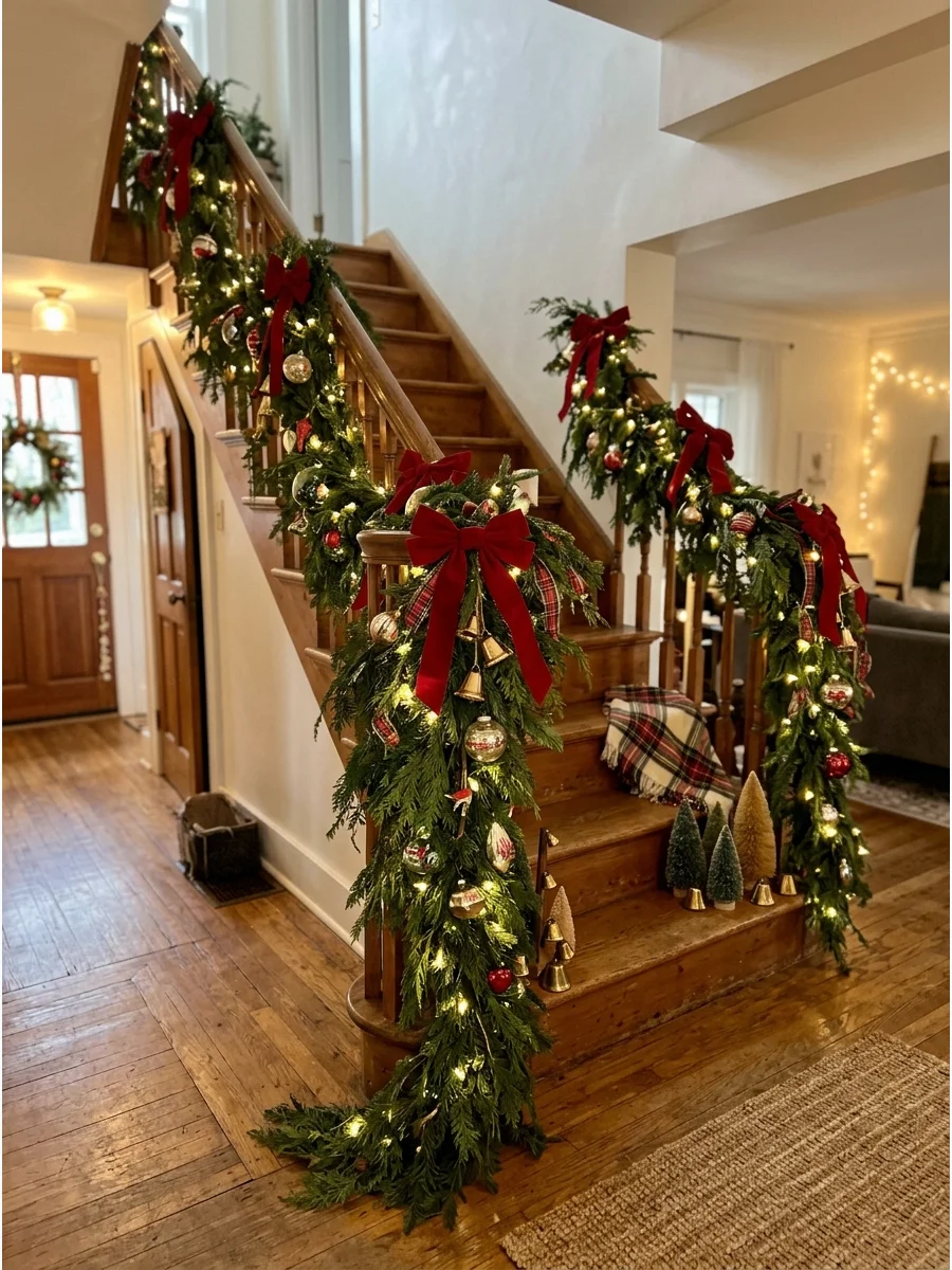 A staircase railing decorated with evergreen garland and red bows for a Christmas party.