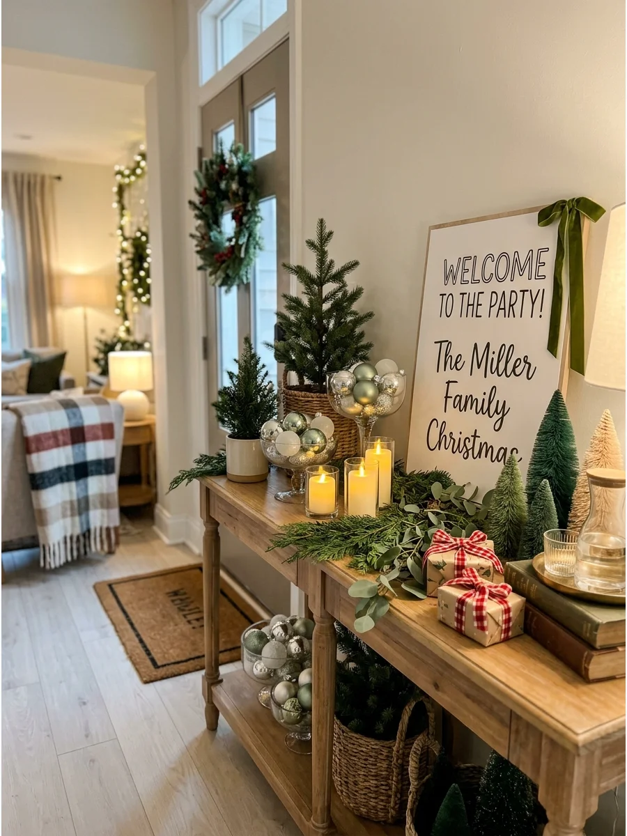 An entryway table styled with Christmas ornaments and small trees.