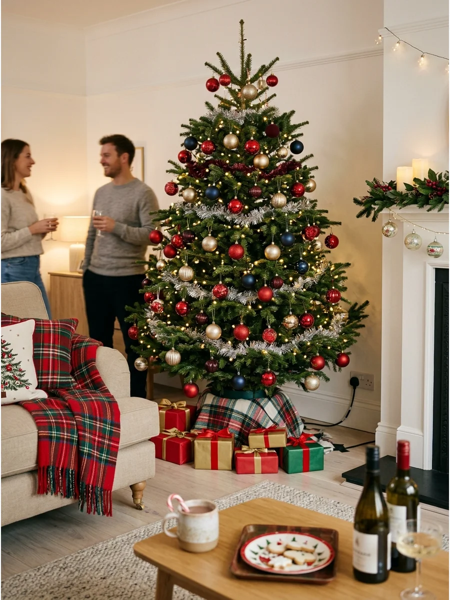 A fully decorated Christmas tree serving as a focal point in a living room.