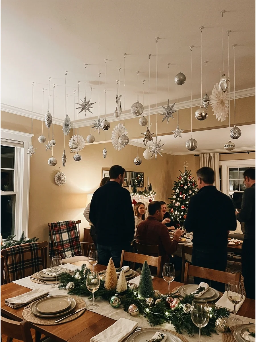 Ornaments hanging from a ceiling to create a festive atmosphere.
