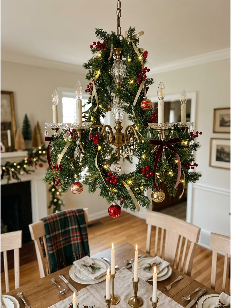 A chandelier decorated with Christmas garland and ribbons.