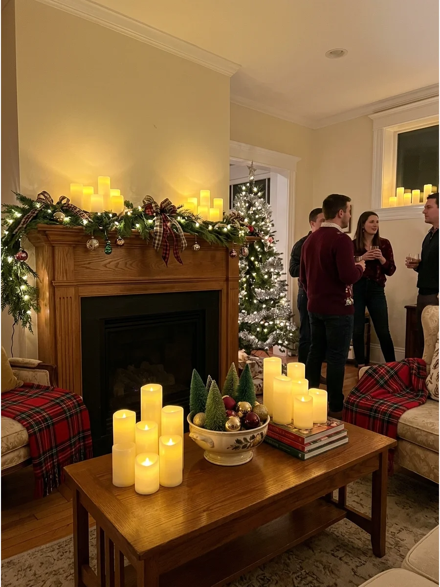 Flameless candles used to create warm lighting in a living room.