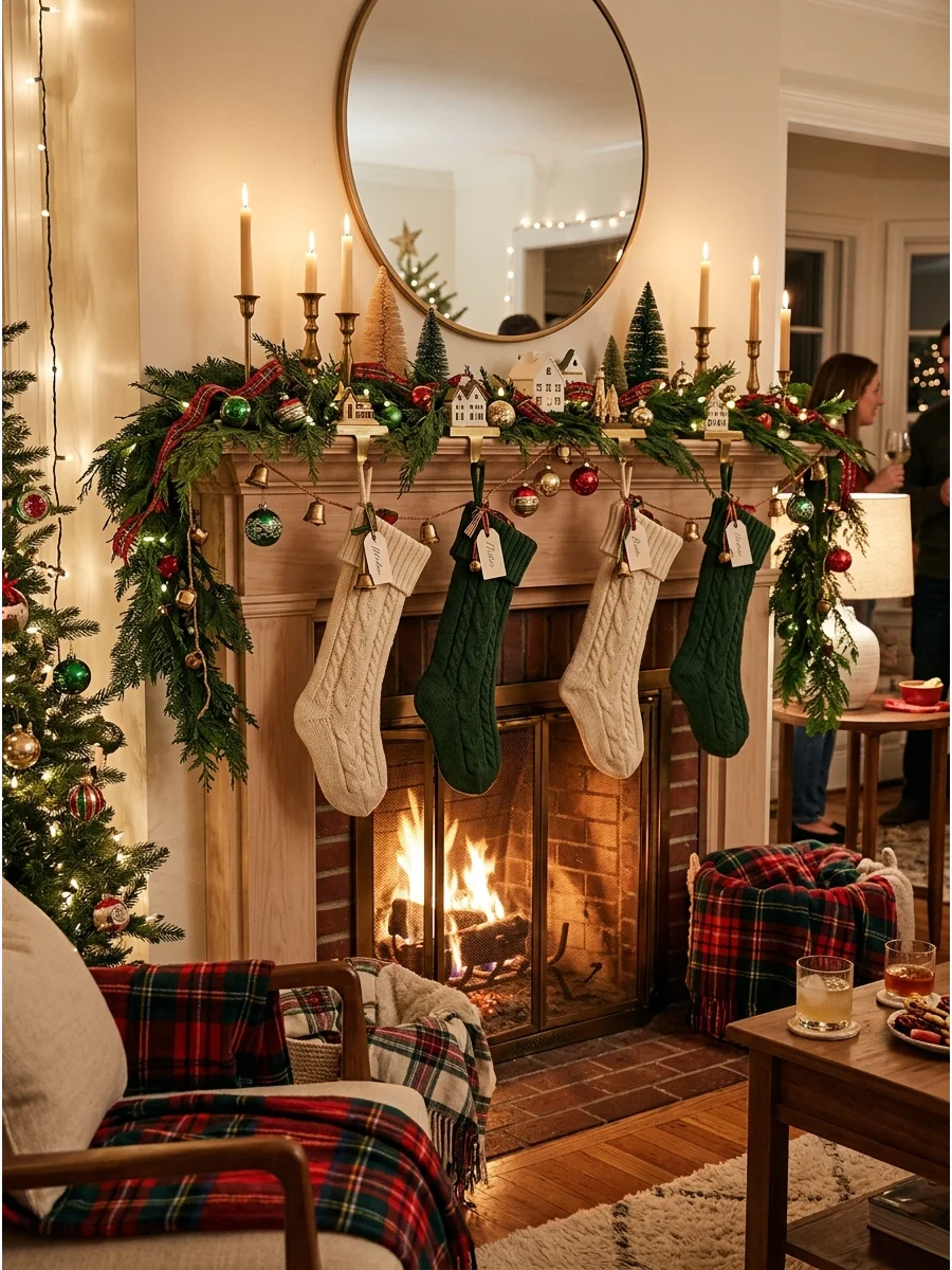 A fireplace mantel decorated with Christmas garland and stockings.