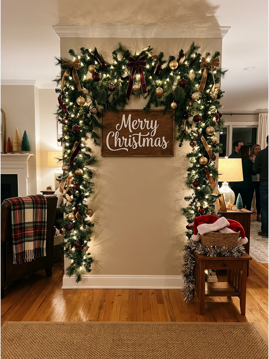 A decorated wall area designed for guest photos at a Christmas party.