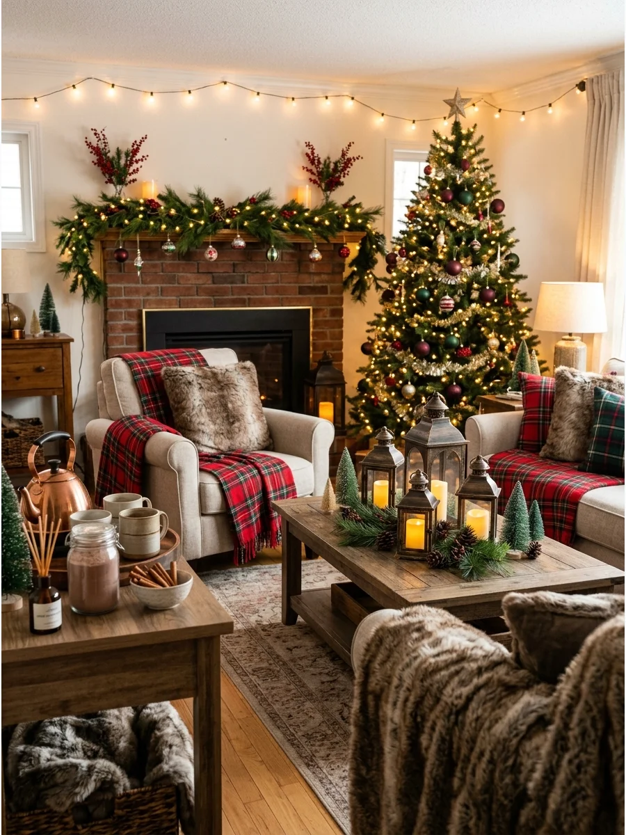 A rustic living room styled like a ski lodge with blankets and lanterns for a Christmas party.