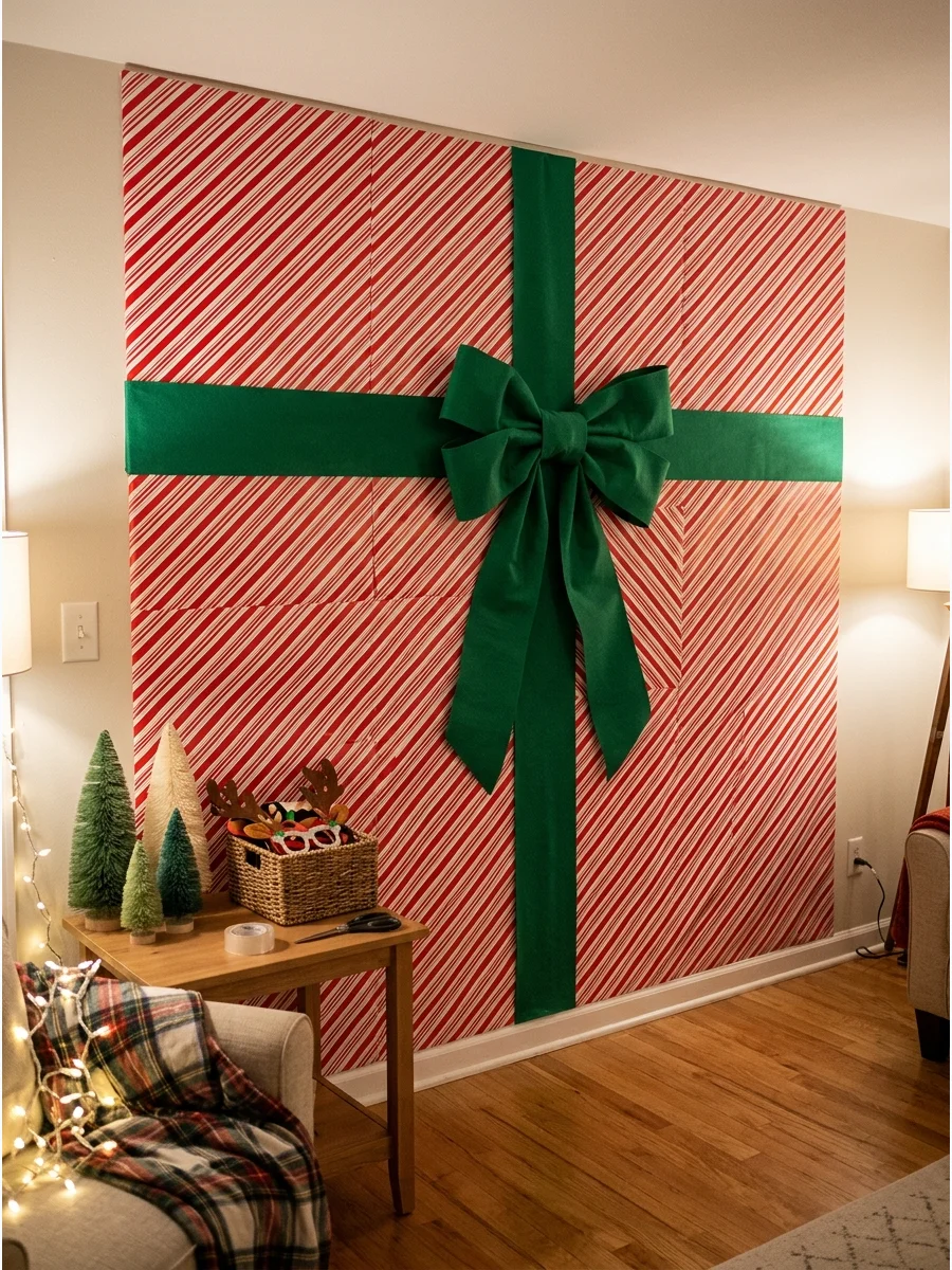 A wall covered in wrapping paper to look like a giant Christmas present.