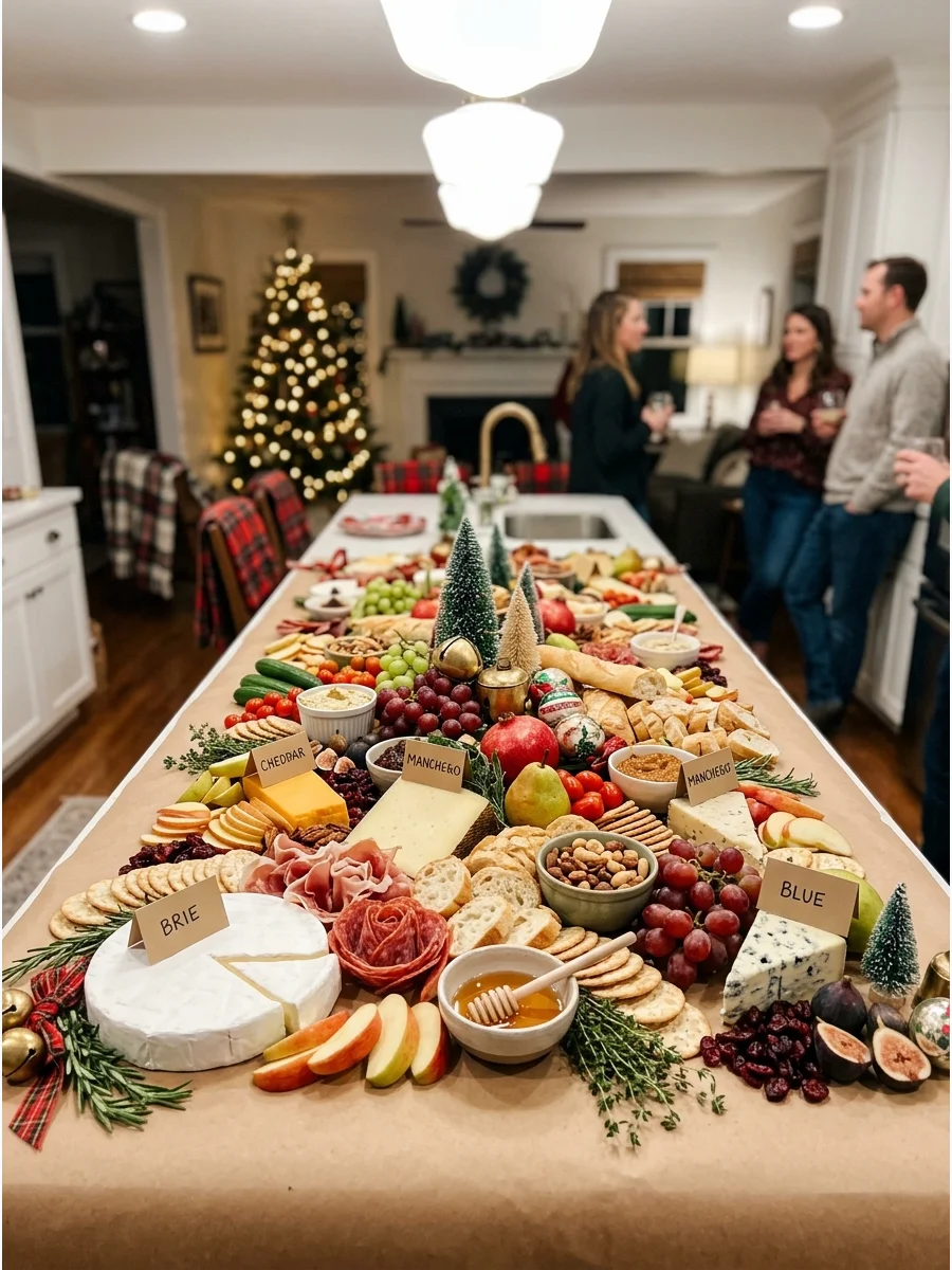 A kitchen island grazing table with meats and cheeses.