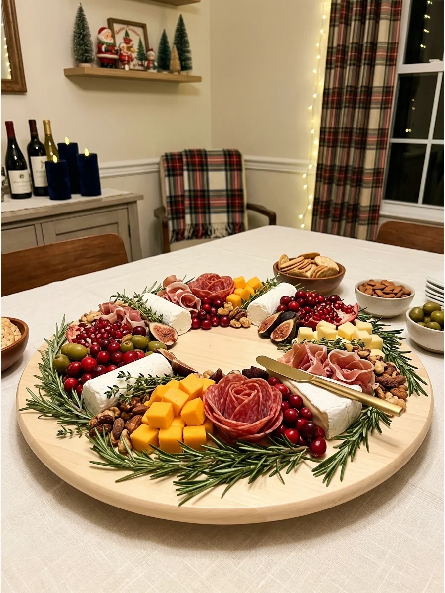 A round platter with food arranged in a Christmas wreath shape.