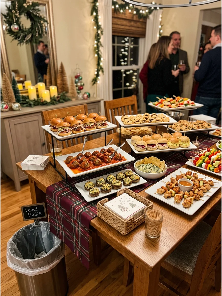 A dining room buffet table with hot appetizers on tiered stands.