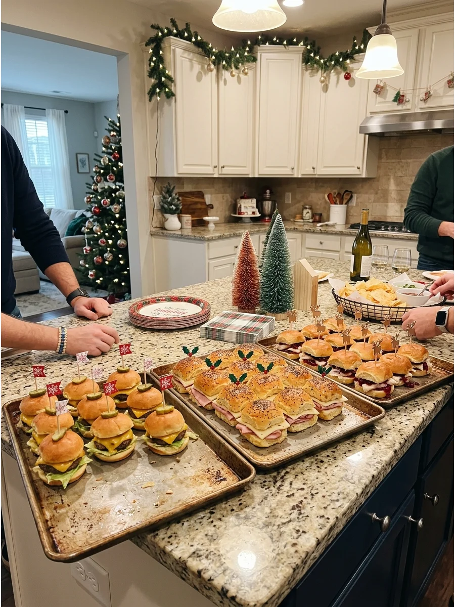 Trays of warm sliders on a kitchen counter.